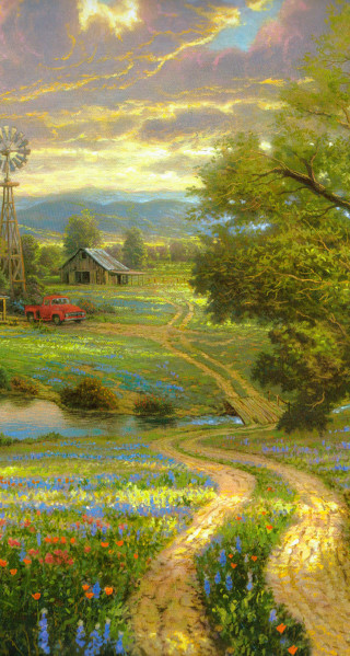 Farm windmill redtruck flowerfield sunset - a windmill free wallpaper for mobile