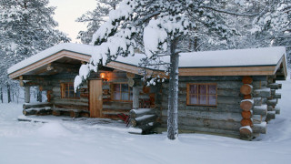 Log cabin snow snowboard tree - a tree in the foreground free wallpaper