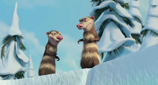 Cartoon animals snow hill trees - ice free wallpaper