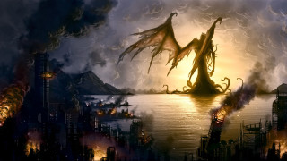 Dragon flying city night fire 2 - lovecraftian free wallpaper
