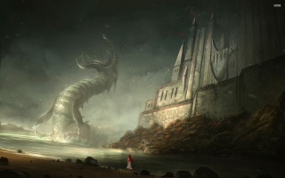 Giant dragon castle cliff water - a giant dragon free wallpaper