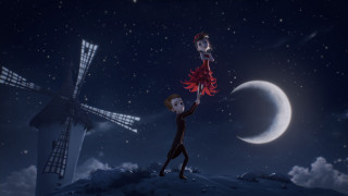 Cartoon character lantern windmill moon - a full moon behind free wallpaper