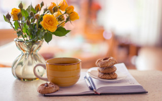 Coffee book table flowers cookies - a cup of coffee and a book free wallpaper
