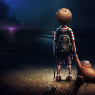 Boy backpack dark teddy bear 2 - storybook illustration free wallpaper for tablet
