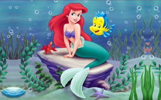 Little mermaid sitting rock fish - her hand and a fish free wallpaper