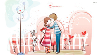 Couple hugging fence rabbit flower - a flower in the background free wallpaper