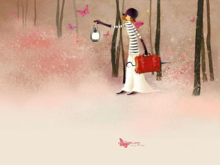 Woman red purse lantern forest - claire hummel free wallpaper