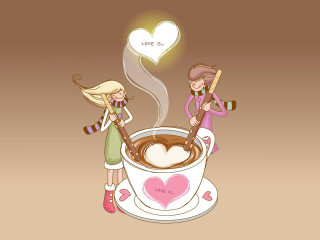 Two women stirring coffee heart - free valentines wallpaper