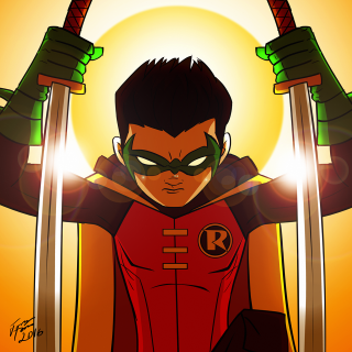 Cartoon man two swords red - comic free wallpaper for tablet