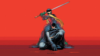 Batman robin wayne sitting red - a red background behind them free wallpaper