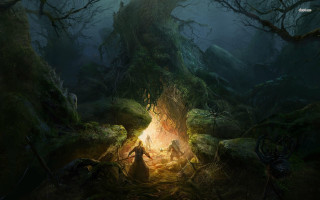 Man forest firepit woman doorway - anato finnstark free wallpaper