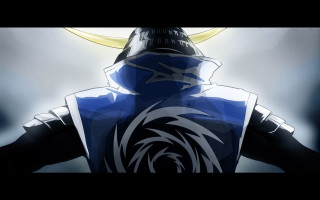 Man blue white yellow halo - his head and a sword free wallpaper