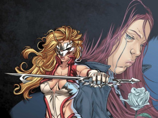 Woman sword man rose facing - a sword and a man free wallpaper