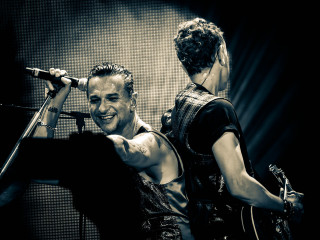 Man microphone woman guitar performance - a microphone in the background free wallpaper