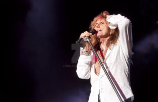 Man microphone stage hands up - blue sky free wallpaper