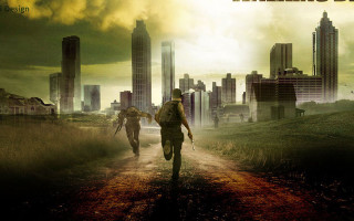 Man walking dirtroad tallbuilding cityscape - apocalyptic free wallpaper