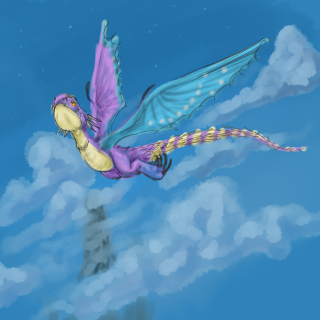 Purple yellow dragon flying clouds - cloud free wallpaper for tablet