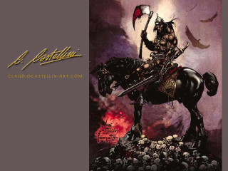 Man horse skulls flag hill - frazetta free wallpaper