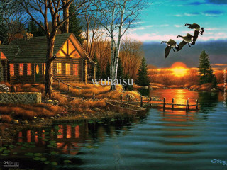Cabin water ducks sunset house - duck free wallpaper