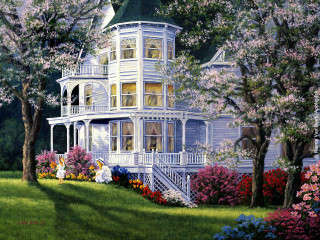 House garden trees woman walking - kinkade free wallpaper