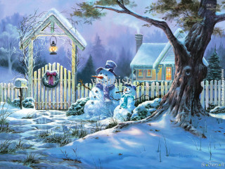 Snowman snowy yard house tree - kinkade free wallpaper
