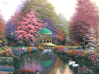 Pond swan gazebo trees flowers - kinkade free wallpaper
