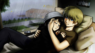 Couple bed rain shower window - a window behind them free wallpaper