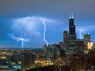 City skyline lightning bolt buildings - thunderstorm free wallpaper