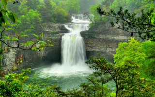 Waterfall forest trees foggy sky - foggy sky above free wallpaper