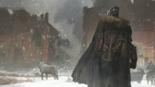 Man cloak wolf snowy city - building and trees free wallpaper