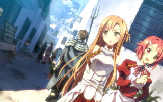 Anime girls street man sword - a man in the background free wallpaper
