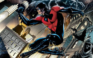 Man red black costume flying - over a city free wallpaper
