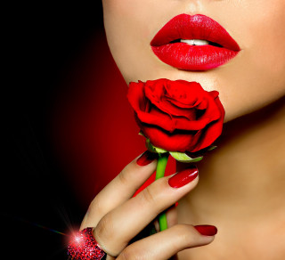 Woman red lipstick holding rose - free valentines wallpaper for tablet