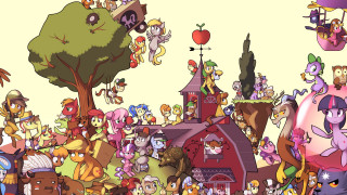 Cartoon characters group tree building - epic composition free wallpaper for desktop