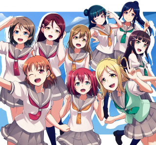 Group girls schooluniforms posing hands - the air free wallpaper for tablet