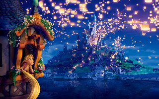 Tangled lanterns castle water night - a scene free wallpaper