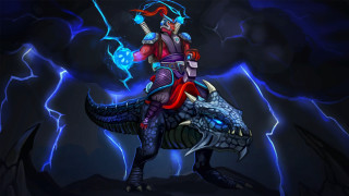 Cartoon character riding dragon sword - his hand and lightning free wallpaper