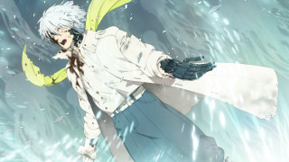 White hair man yellow umbrella - his hands out free wallpaper