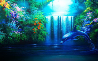 Dolphin jumping waterfall river background - nature free wallpaper
