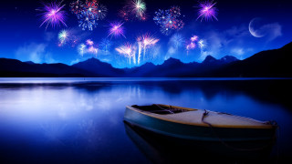 Boat fireworks water mountains night - firework free wallpaper for desktop