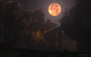 Full moon castle night sky - matte fantasy painting free wallpaper