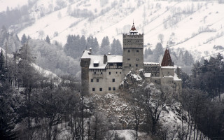 Castle clock tower snow mountainside - tree and snow free wallpaper