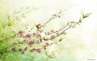 Girl branch flowers leaves painting - a painting of a girl free wallpaper