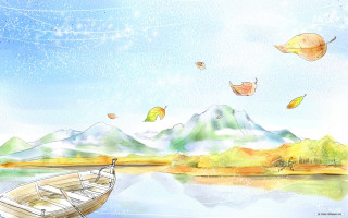 Boat lake mountain leaves flying - the air above free wallpaper for desktop