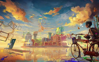 Man bike city bird sunset - art station free wallpaper