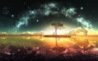 Tree lush field night sky - a lake below free wallpaper for desktop