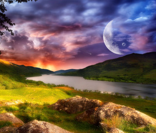 Landscape lake moon purple blue - a landscape free wallpaper
