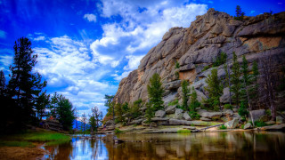 Lake rocks trees cloudy sky 3 - white cloud free wallpaper for desktop