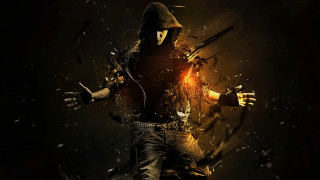 Man hoodie sword dark light 4 - cyberpunk art free wallpaper