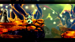 Cartoon man woman rock forest - particle free wallpaper